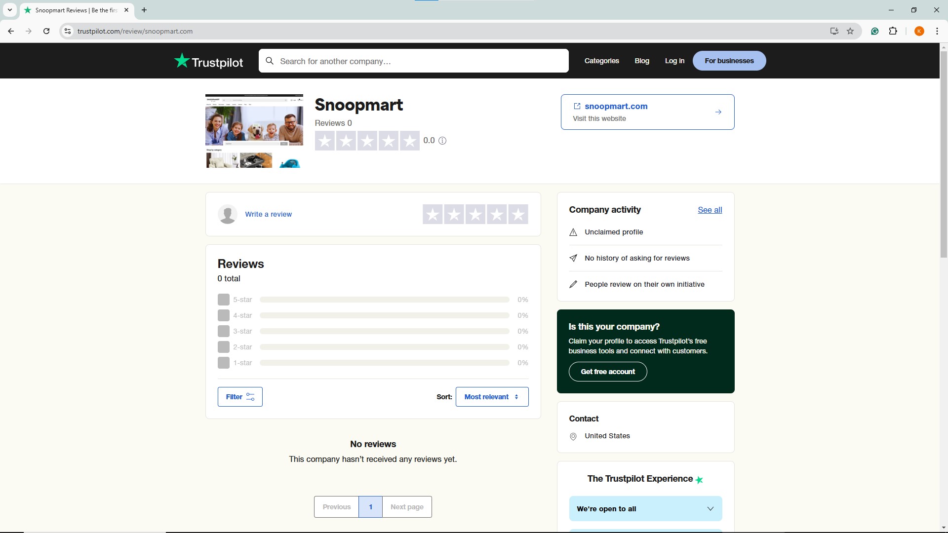 Trustpilot Review Page of SnoopMart.com